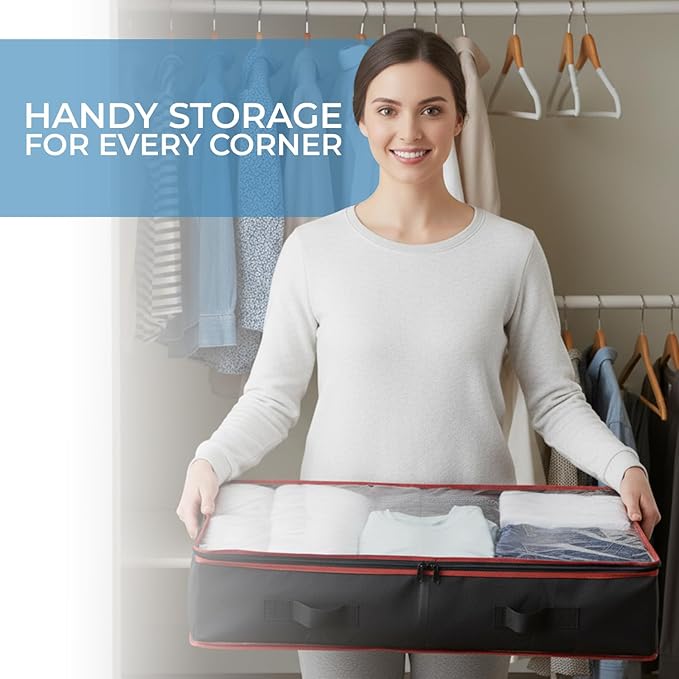 6 Inches Under Bed Storage Containers with Clear Lids | Pack of 4 Underbed Shoe Storage Foldable Clothes Organizer Bins for Blankets, Pillows, Sturdy Handles, Dustproof, & Seasonal Items