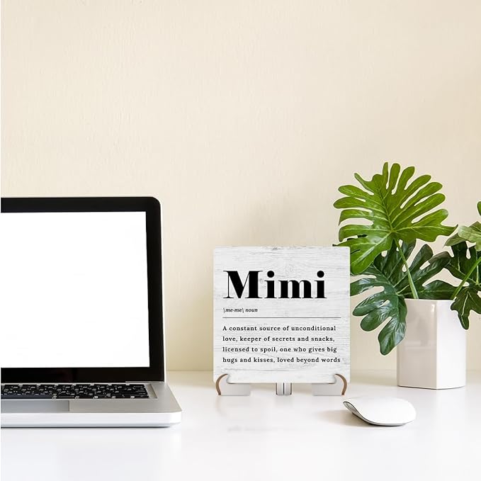 Mimi Definition Wood Sign Desk Decor Funny Grandma Gifts Rustic Office Cubicle Decor Plaque with Wooden Stand Farmhouse Positive Office Desk Accessories for Home Table Shelf Centerpieces Mothers Day
