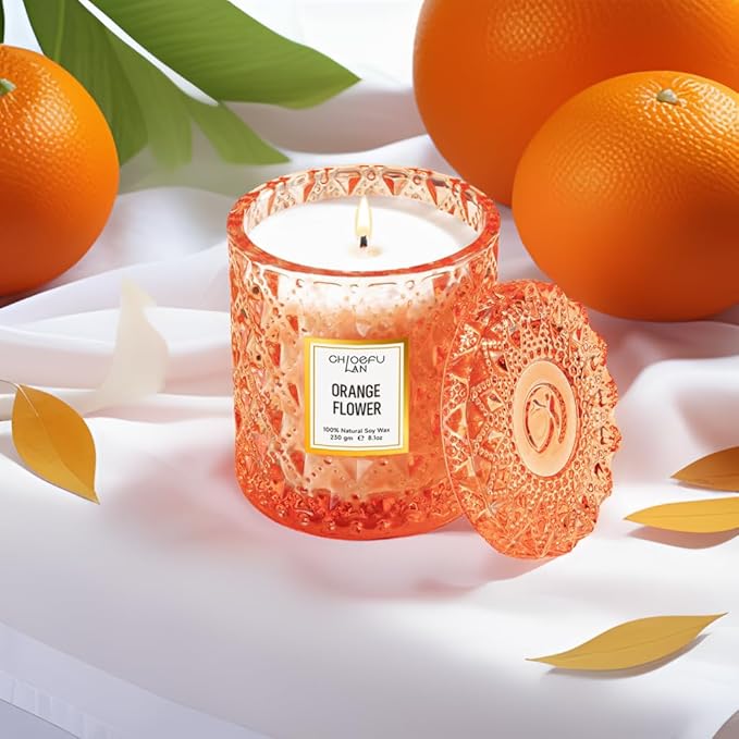 Chloefu LAN Orange Blossom Candle, Natural Soy Scented Candles for Stress Relief, Holiday Candle Gifts, 55 Hours Smokeless Long Lasting Burning, Great Gift for Women & Men