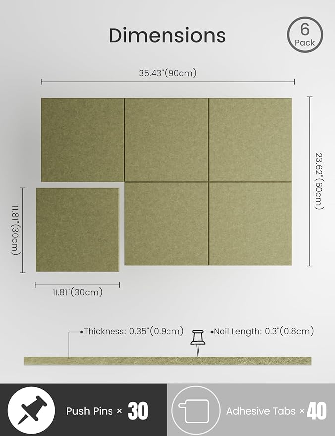 Bumusty Large Cork Board 36"x24" Alternative - 6 Pack Felt Wall Tiles with 40 Safe Removable Adhesive Tabs, 30 Pushpins, Cork Boards for Walls Pin Board Bulletin Board Office Decor (Olive Green)