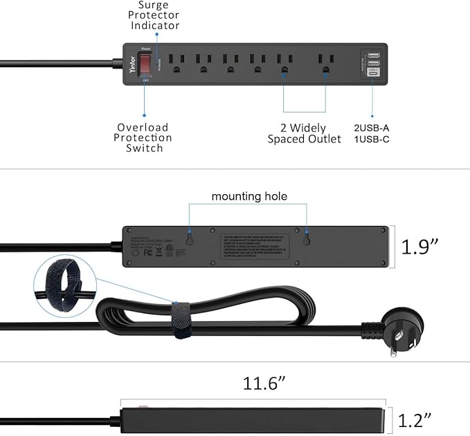 Surge Protector Power Strip (1680J) - Yintar 10Ft Extension Cord with 6 AC Outlets and 3 USB Ports(1USB C) for Home, Office, Dorm Essentials, ETL Listed, Black