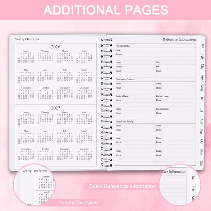 2026 Planner - Monthly Planner Runs January 2026 to December 2026, 6.25" x 8.25", 12 Monthly Tabs, 14 Notes Page, Inner Pocket, Flexible Cover with Twin-Wire Binding, Planners 2026, Pink