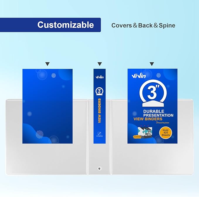 ViVin 3 Ring Binder 3 inch with Clear View Cover, Large 3"-Round Ring for Strength, Holds 600 Sheets of US Letter Size Paper, Office Home School, 6 Pack (White)