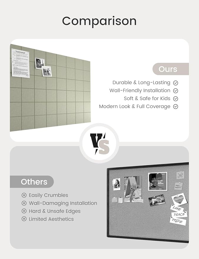 Bumusty Large Cork Board Alternative-47 x35 Felt Bulletin Board Tiles, with 30 Pushpins, 70 Adhesive Tabs, 12-Pack Slat Wall Paneling, Cork Boards for Office Push Pin Board Felt Board-Sage