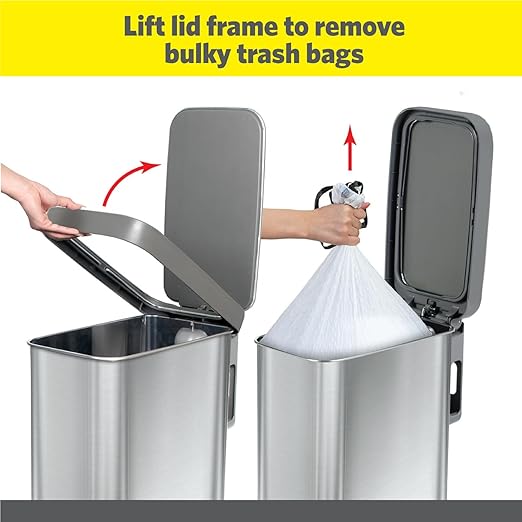 Glad Slim Trash Can with Clorox Odor Protection - Narrow Kitchen Garbage Bin with Soft Close Lid, Step On Foot Pedal and Waste Bag Roll Holder, All Stainless, 45 Liter