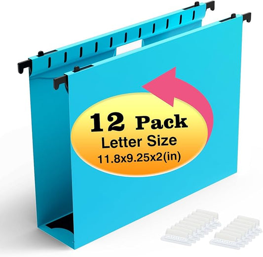 Extra Capacity Plastic Hanging File Folders,12 Pack Reinforced Hang Folders,Heavy Duty 2 Inch Expansion,Plastic Filing Cabinet Folders,Letter Size,Designed for Bulk Files, Medical Charts,Blue