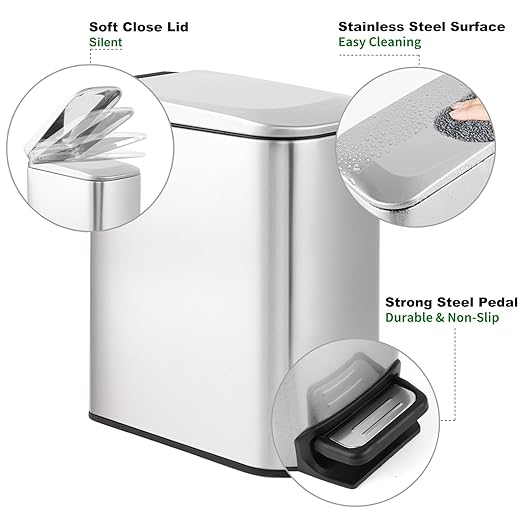 TIPGO Slim Bathroom Trash Can with Lid Soft Close, Step Pedal, 6 Liter / 1.6 Gallon Stainless Steel Trash Bin, Small Garbage Cans for Bedroom, Office, Kitchen (Silver)