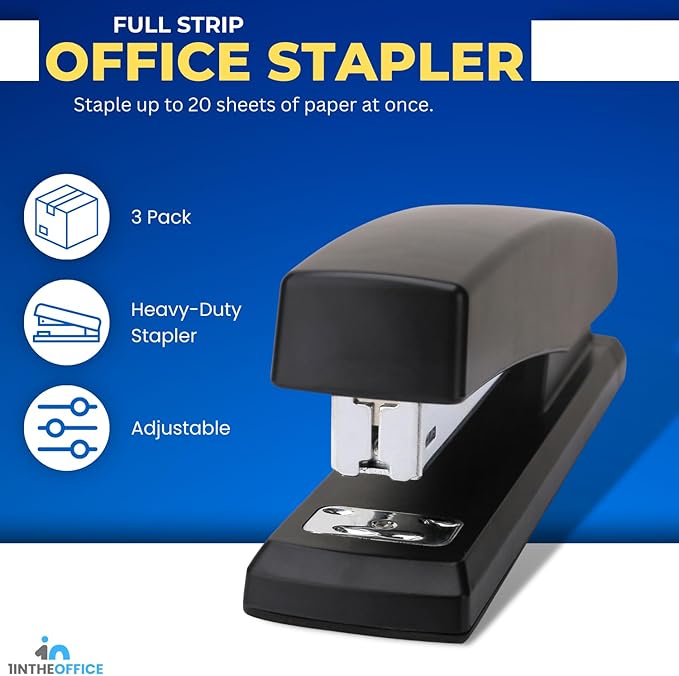 1InTheOffice Office Stapler for Desk, Heavy Duty Desk Stapler, Black, 20 Sheets Capacity, (3 Pack)