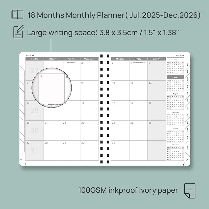 POPRUN Monthly Planner 2025-2026 Spiral Bound (6.5" x 8.5") 18 Months Calendar (Jul 2025 - Dec 2026) - 4 Pages per Month with Monthly Expense & Notes, Sunday Start, Leather Cover - Grey