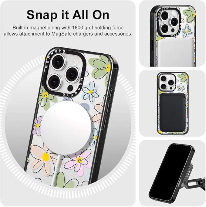 MOSNOVO Magnetic Case for iPhone 16 Pro, 10ft Military-Grade Protection, Compatible with Magsafe, Shockproof Phone Case for iPhone 16 Pro - Linear Blooms - Clear Black