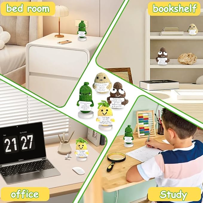 4PCs Emotional Support Crochet Set | Positive Potato, Emotional Support Pickle, Positive Poo, Pineapple | Emotional Support Coworker, Cool Things for The Office, Funny Office Decor, Cheer Up Stuff