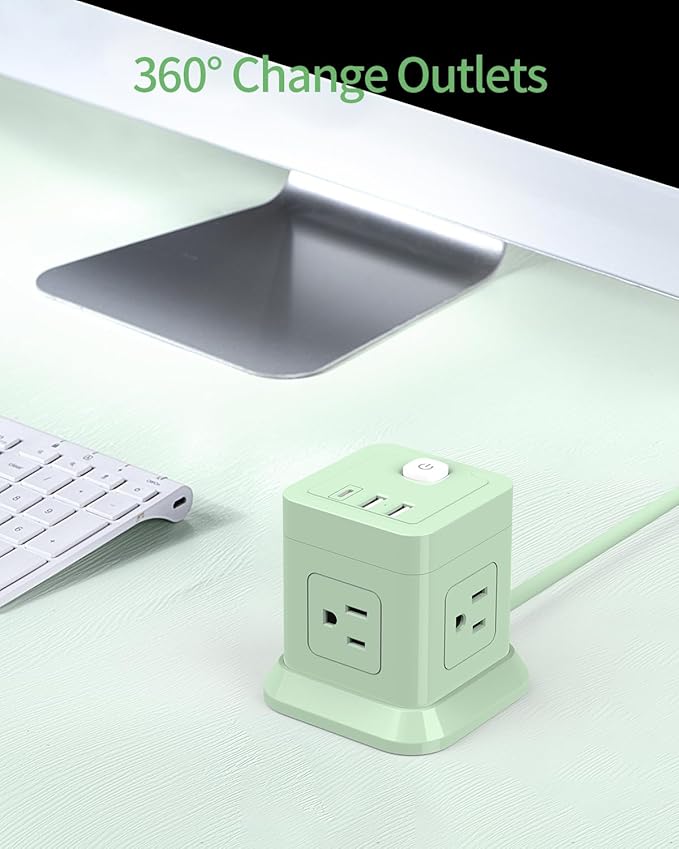 Cube Power Strip, FDTEK 4 Widely Spaced Outlet with 3 USB (1 USB C) Flat Plug Power Strips with Long Extension Cords Space Save Compact Portable for Travel Home Office Cruise (Green)