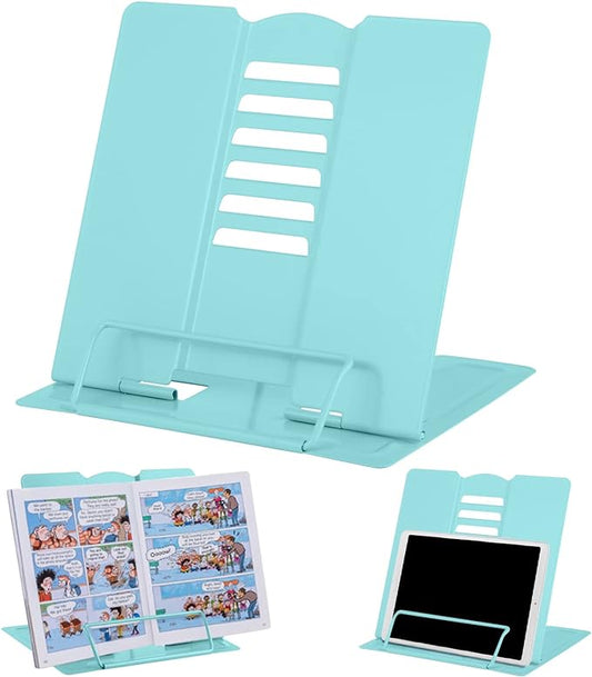 MSDADA Desk Book Stand Metal Reading Rest Book Holder Adjustable Cookbook Documents Holder Portable Sturdy Bookstands for Recipes Textbooks Tablet Music Books with Page Clips (Light Lake Green)