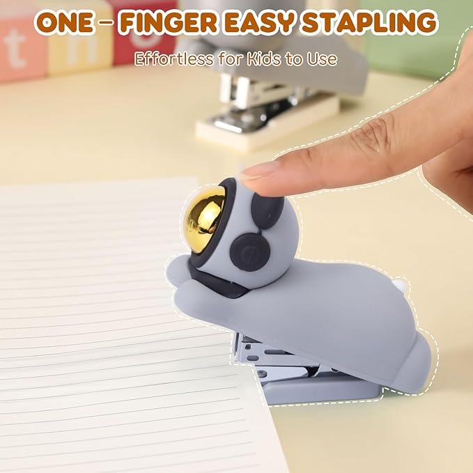 Honagu Cute Stapler, Cartoon Stereoscopic Silicone Stapler, Labor-Saving Office Supplies, Desktop Stationery Gift for Students Kids (Grey)