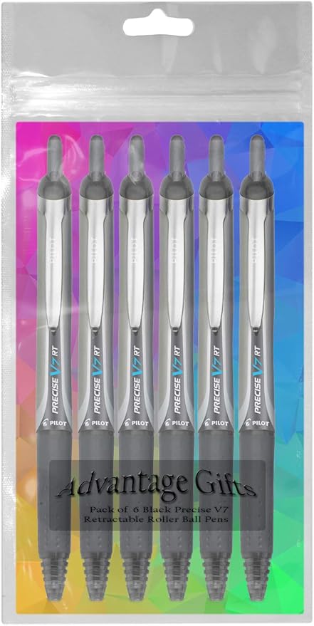 Precise V7 RT Retractable Rolling Ball Pens, Fine Point (.7mm), Black Ink, 6-pk; Premium Comfort Grip, Bundle with Plastic Reusable Pouch