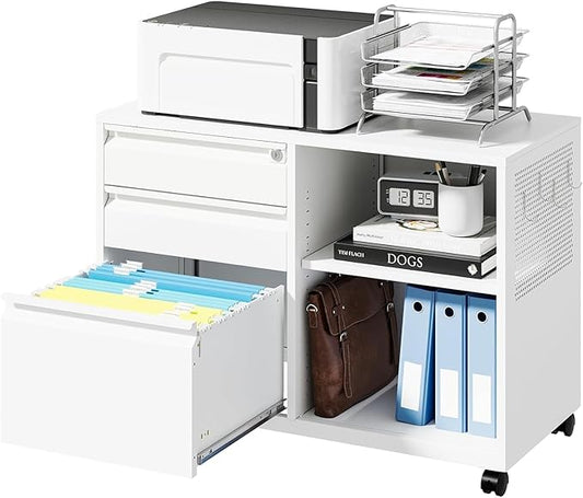 Letaya Mobile 3 Drawer File Cabinet with Lock-Metal Lateral Rolling Printer Stand Filing Cabinets for Home Office-Storage A4/F4/Letter (White)