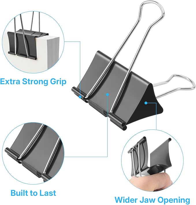 OWLKELA 3 Inch (6 Pcs) Jumbo Binder Clips, Extra Large Black Paper Clamps for Home, School and Office Supplies