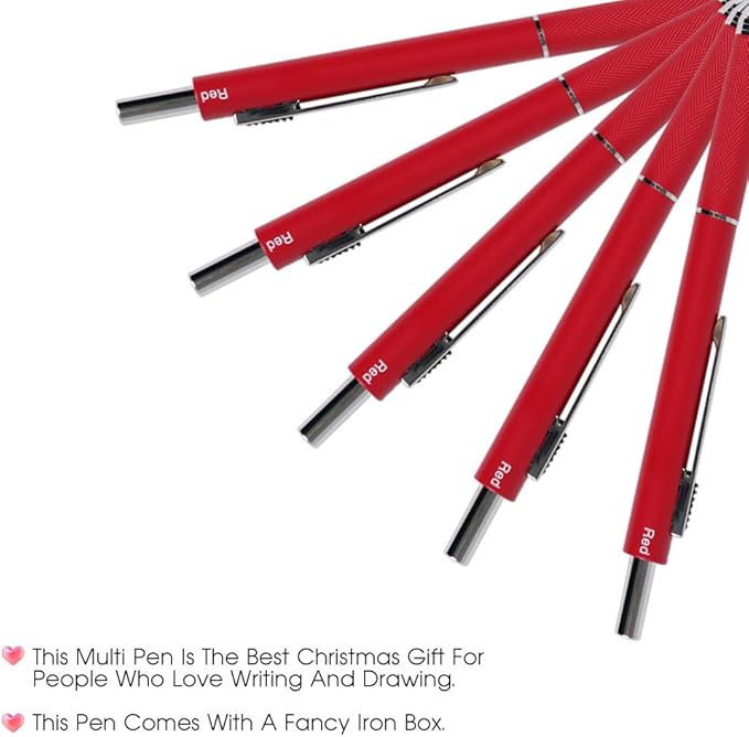 smttw 4 in1 Multi-Function Refillable & Retractable Ballpoint Pen + 0.5mm Mechanical Pencil, Fine Point, Red Metal Barrel, Black/Red/Blue Inks, Multicolor Pen With Metal Gift Box