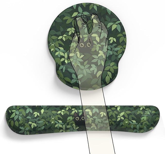 Cute Ergonomic Green Mouse Pad Cat Wrist Support,[ 20% Larger] Wrist Rest Gel Anime Kawaii 3D Green Office Plants Mouse Pads, Keyboards Silicon Wrist Pad,Pain Relief,Game Work Study Home Office.