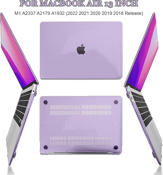 Compatible with MacBook Air 13 inch Case 2021 2020 2019 2018 M1 Chip A1932 A2179 A2337, Plastic Hard Shell Case Keyboard Cover Screen Film Dust Plug for MacBook Air 13 M1, Crystal Purple