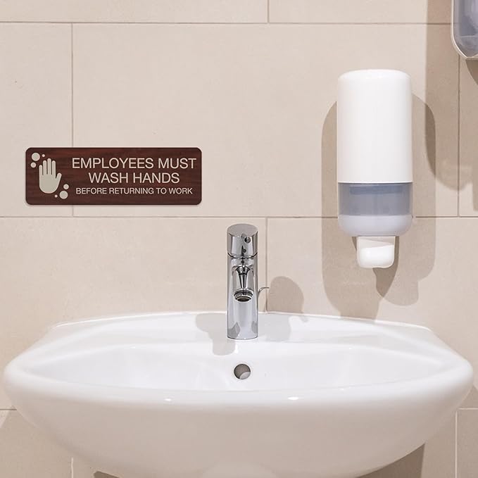 Employees Must Wash Hands Indoor Easy Adhesive Mount Door and Wall Sign for Restaurants and Small Businesses 3" x 9" - Mahogany