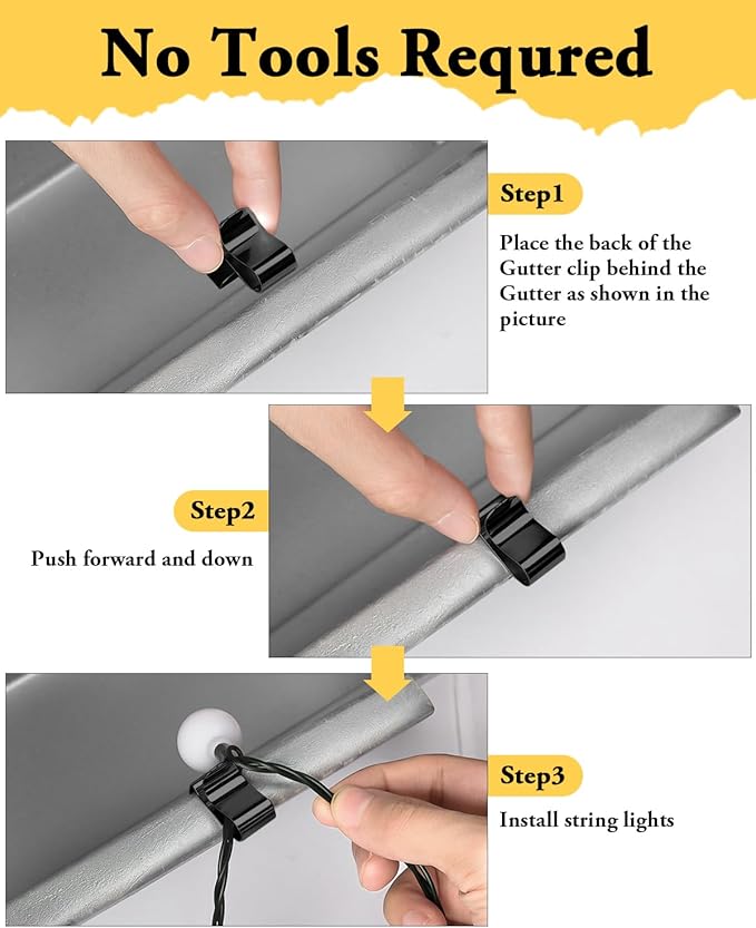 Gutter Clips for Hanging Outdoor Lights: 50 Pcs Metal Black Christmas Light Clips for outside String Lights - Weatherproof Gutter Clips for Xmas Halloween Seasonal Rope Mini Decoration Lights