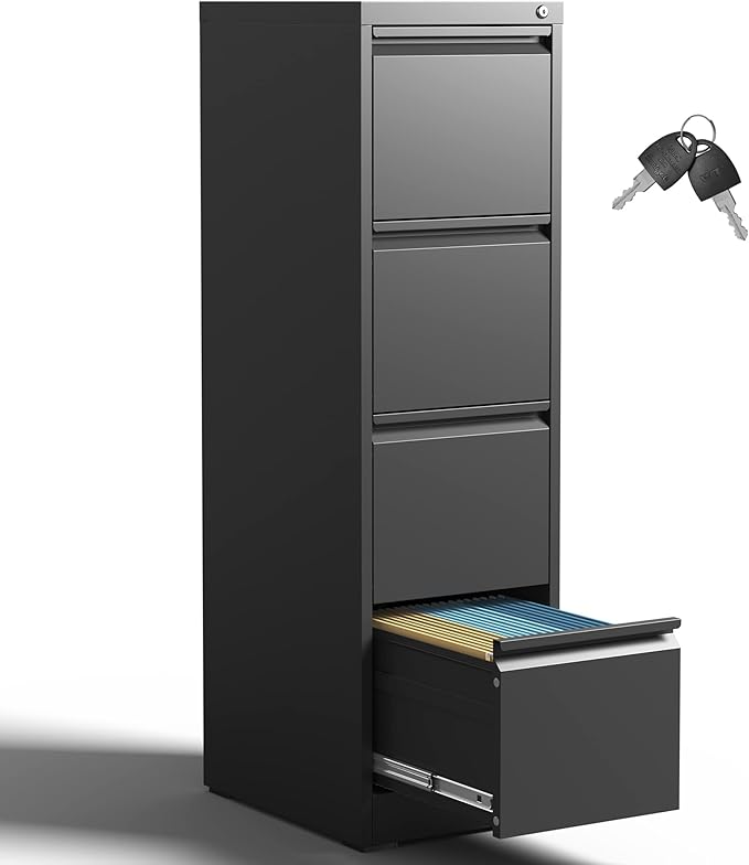 4 Drawer File Cabinet with Lock,Metal Filing Cabinets,Black Vertical File Cabinet for Home Office,Heavy Duty Metal Storage Cabinet for A4/Letter/Legal Size File,Assembly Required