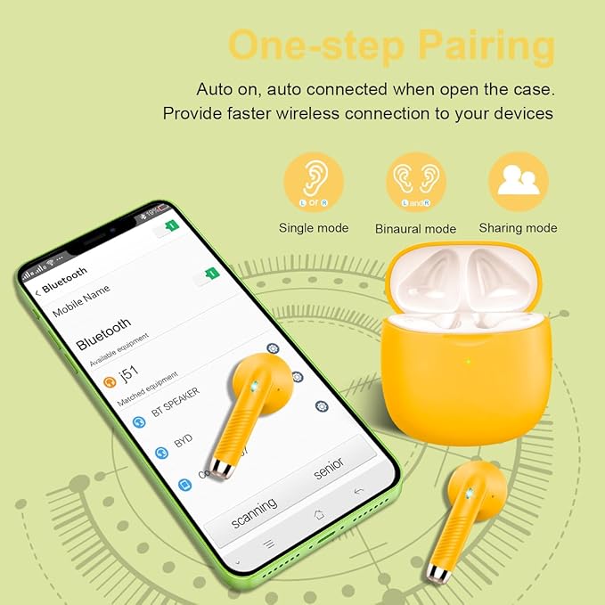 Wireless Earbuds, Bluetooth 5.4 Headphones in Ear with Noise Cancelling Mic, Bluetooth Earbuds Stereo Bass, IP7 Waterproof Sports Earphones, 32H Playtime USB C Charging Ear Buds Yellow for Android iOS