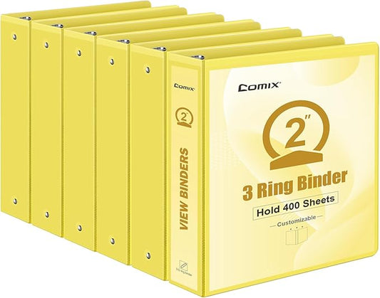 COMIX Standard 3 Ring Binder 2 inch with Clear View Cover, 2" Round Ring View Binder Holds 400 Sheets of US Letter Size Paper, 6 Pack (Lemon Yellow)