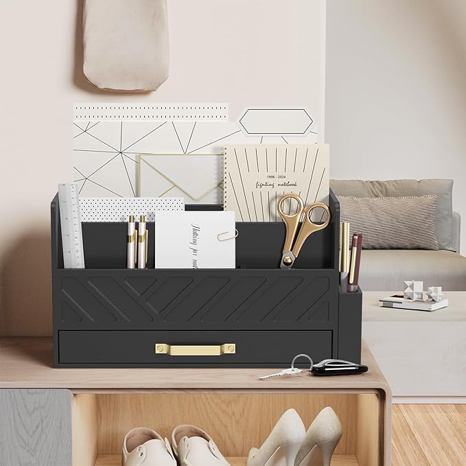 Bamboo Desk Organizer Mail Holder Countertop Wood Desk Drawer Tabletop Storage Box Pen Holder Letter Sorter Makeup Organizer for School Home Office Supplies with Pen Holder Black