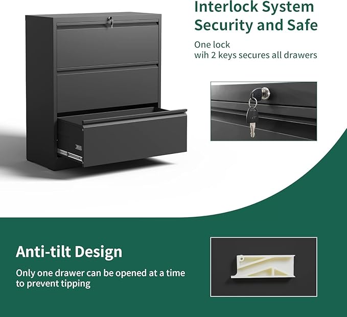 Lateral File Cabinet with Lock, 3 Drawer Metal File Cabinets for Home Office, Large Filing Storage Cabinet Printer Stand, Steel Wide File Cabinet for Legal/A4/F4/Letter Size Files, Black