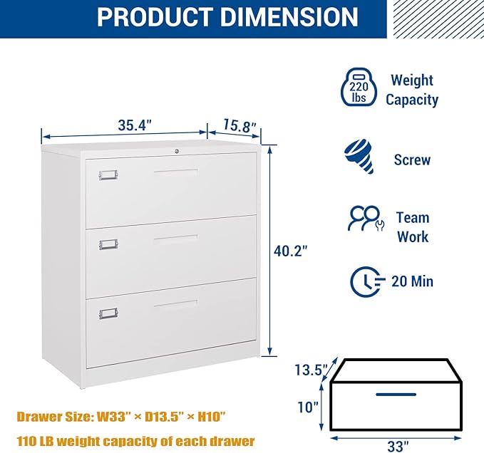Lateral File Cabinet with Lock, 3 Drawer Large Metal Filing Cabinet,Home Office Lockable Storage Cabinet for Hanging Files Letter/Legal/F4/A4 Size-Assembly Required