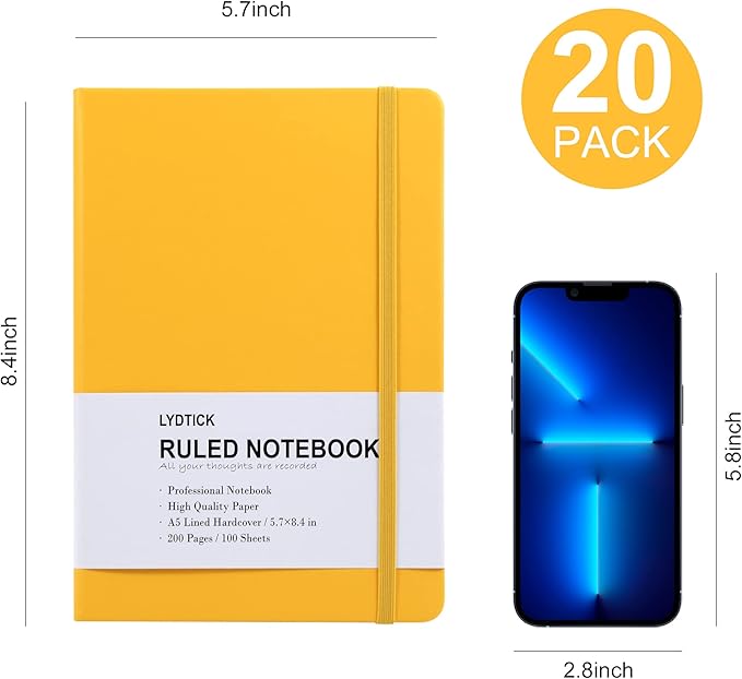 20 Pack Journals for Writing College Ruled Notebooks Journal in Bulk, Hardcover Notebooks (200Pages) for Note Talking, Lined Bullet Journals for Home School Office, 5.7"x8.4", Yellow