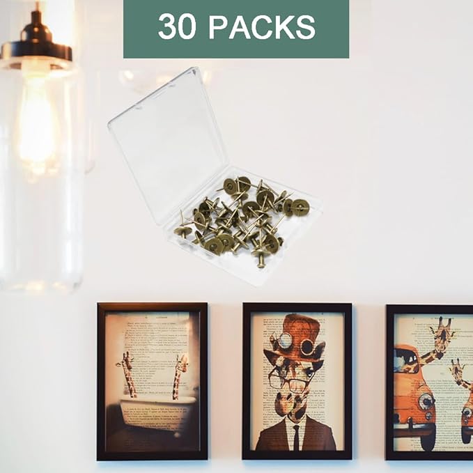 30 PCS Push Pins Picture Hanger Hooks, Double Headed Nails Push Pin Thumbtacks for Wall Hangings Picture, Decorative Small Hook Pins for Drywall Cork Board Home Office Photo Decorations (Bronze)