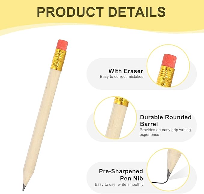 MECCANIXITY Golf Pencils with Erasers, 4" HB Mini Half Pencils Pre Sharpened Small Pens for Wedding Bridal Shower Game Office Writing Drawing(Wood Color, Pack of 20)