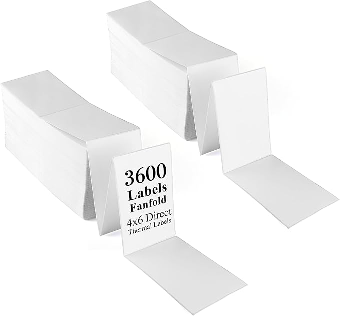 LotFancy 4x6 Thermal Labels, 3600 Shipping Labels Fanfold, 2 Stacks (1800 PCS per Stack), Perforated Mailing Postage Label, Permanent Adhesive, Address Label Compatible with Zebra, Rollo, Munbyn