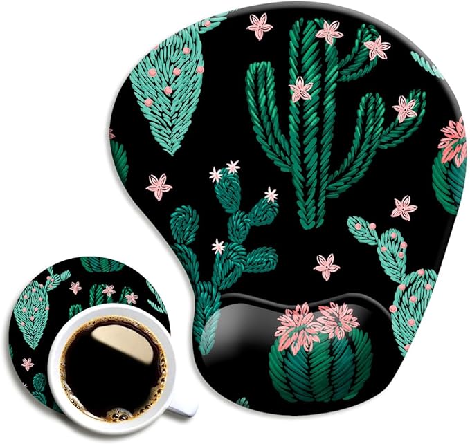 DOOKE Ergonomic Mouse Pad with Wrist Support and Coaster,Mouse Pads with Non-Slip PU Base for Home Office Working Studying Easy Typing & Pain Relief Cute Cactus