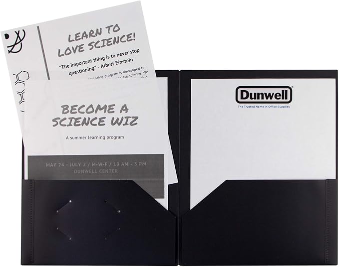Dunwell Plastic Folders with Pockets (Black, 3 Pack), 2 Pocket Poly Folders for School, Home or Office, Durable Acid-Free Poly, Includes Removable Adhesive Labels