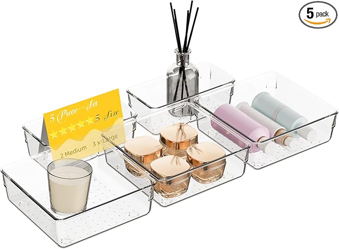 5 PCS Clear Plastic Drawer Organizer Set, 2 Sizes Acrylic Drawer Storage Trays Non Slip Storage Bins for Makeup, Jewelry, Gadgets for Kitchen, Bedroom, Bathroom, Office