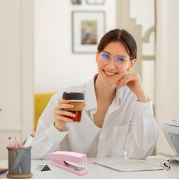 2 Pack Pink Office Staplers, 25-Sheet Capacity with 4000 Staples and 2 Staple Removers, Desktop Stapler, Pink Office Supplies for Students and Office Clerks