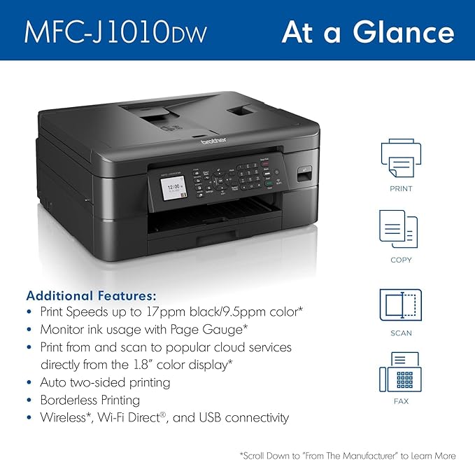 Brother MFC-J1010DW Wireless Color Inkjet All-in-One Printer with Mobile Device and Duplex Printing, Refresh Subscription and Amazon Dash Replenishment Ready (Renewed Premium)