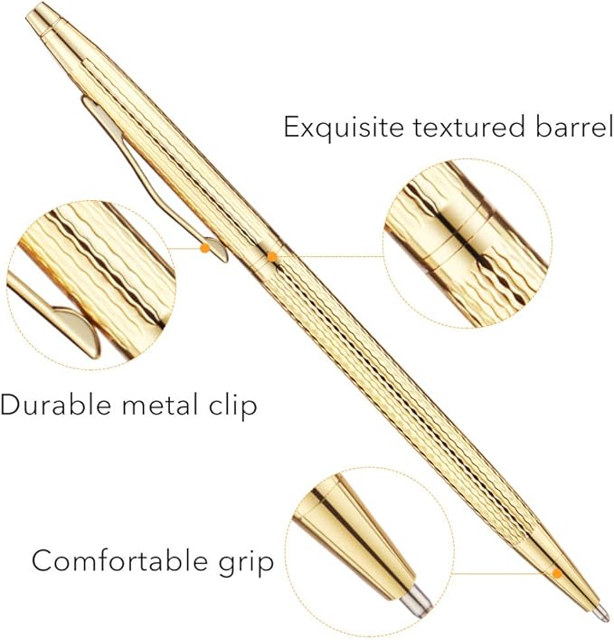 Unibene Slim Metallic Retractable Ballpoint Pens - Carved Gold, Nice Gift for Business Office Students Teachers Wedding Christmas, Medium Point(1 mm) 6 Pack-Black ink