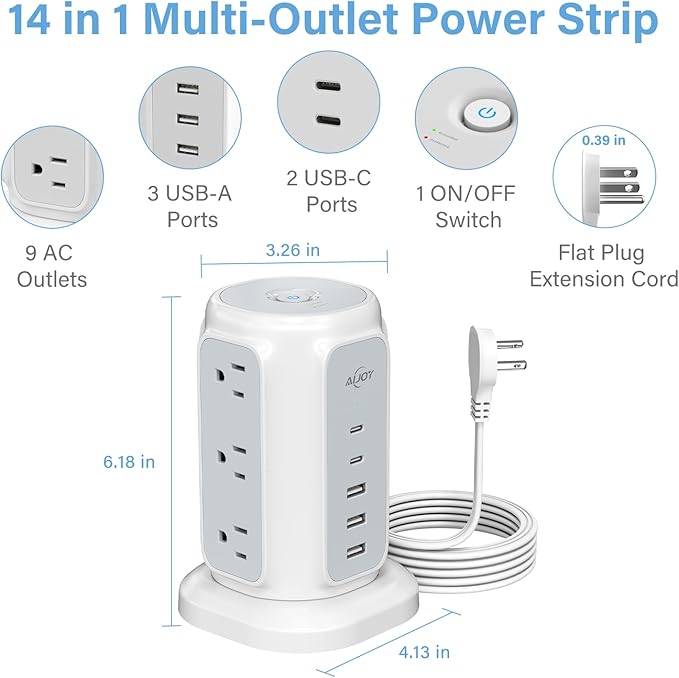 AiJoy Flat Plug Power Strip Tower with 9 Outlets and 5 USB Ports (2 USB-C), 1200J Surge Protection, 1625W Extension Cord with Multiple Outlets Charging Station for Home Dorm Office Supplies