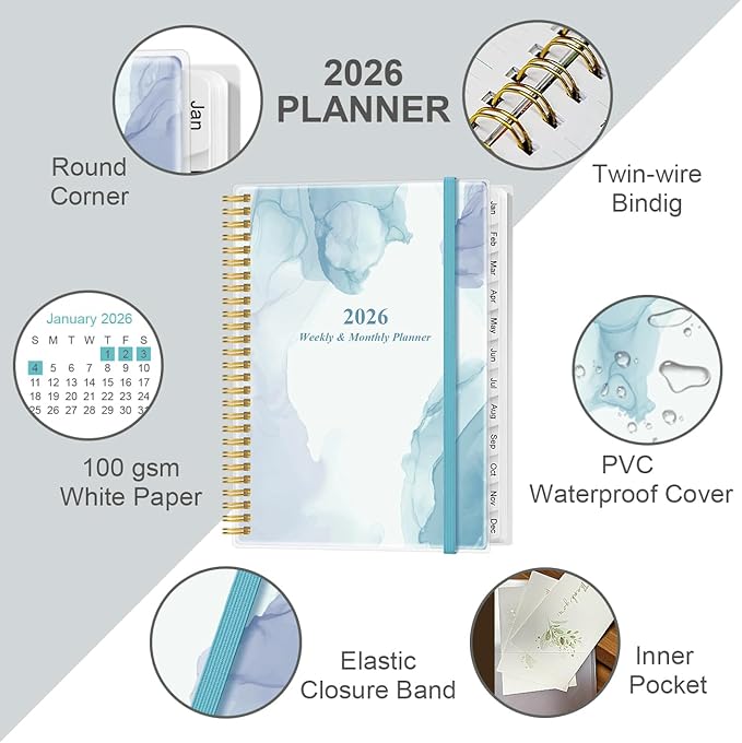 2026 Planner - Planner 2026 from January 2026 to December 2026 with 12 Monthly Tabs, Flexible Cover, Inner Pocket, 8.5" x 11", Blue Watercolor
