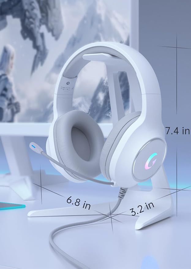 CM7002 Gaming Headset for PS5, PS4, PC, Mac, Switch, Xbox Series, Surround Sound RGB Gaming Headphones with Noise Canceling Microphone, 50MM Dynamic Drivers, 3.5MM Audio Jack, Light White
