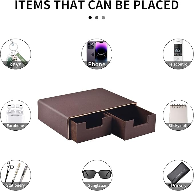 Linen Leather Desk Organizer and monitor stand with Drawers－Mini Desktop Drawer Organizer Stackable－Tabletop Organization Storage Box for Office Supplies Home Vanity Toiletries (Brown, 2-drawers)