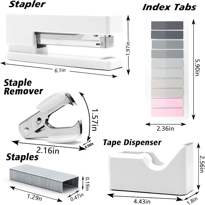 White Office Supplies, UPIHO White Desk Accessories, Stapler and Tape Dispenser Set for Women with Stapler,Tape Dispenser, Staple Remover, Staples,Scissor and Tabs for Students Office Clerks