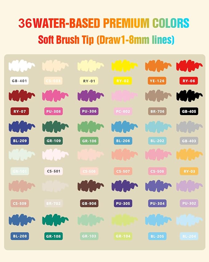 36 Colors Acrylic Paint Markers Brush Tip, Water-Based Paint Pens with Automatic Ink Control for Arts & Crafts, School, Classroom, Works on Paper, Metal, Wood, Ceramic, Glass, Rock, Canvas