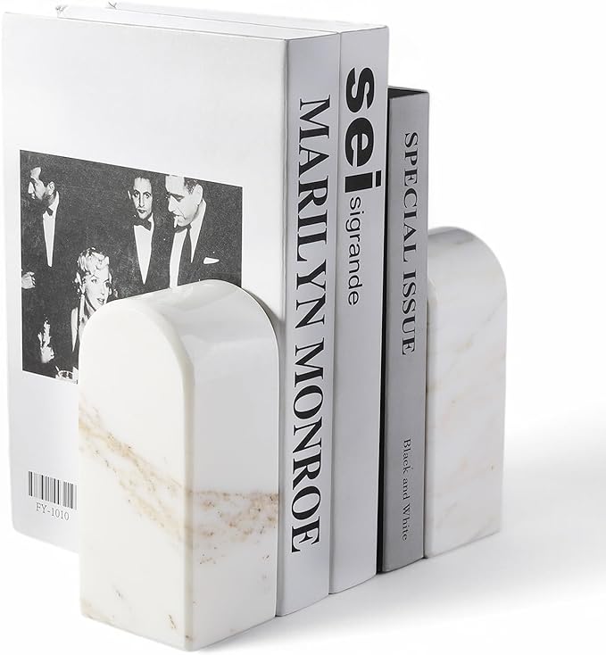 Koville Natural Marble Bookends for Shelves, Decorative Book Ends, 7lbs Heavy-Duty Marble Book Holders, Bookshelf Apartment Decor for Normal Books/CD/Video Games Calacatta