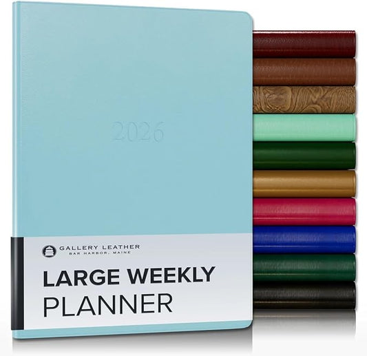 Gallery Leather Large Weekly Monthly Planner 2025-2026, Elegantly Bound Calendar Planner and Notebook with Stylish Gold-Gilded Page Edges, 12 Months - Caribbean Aqua - 9.75 x 7.5 "